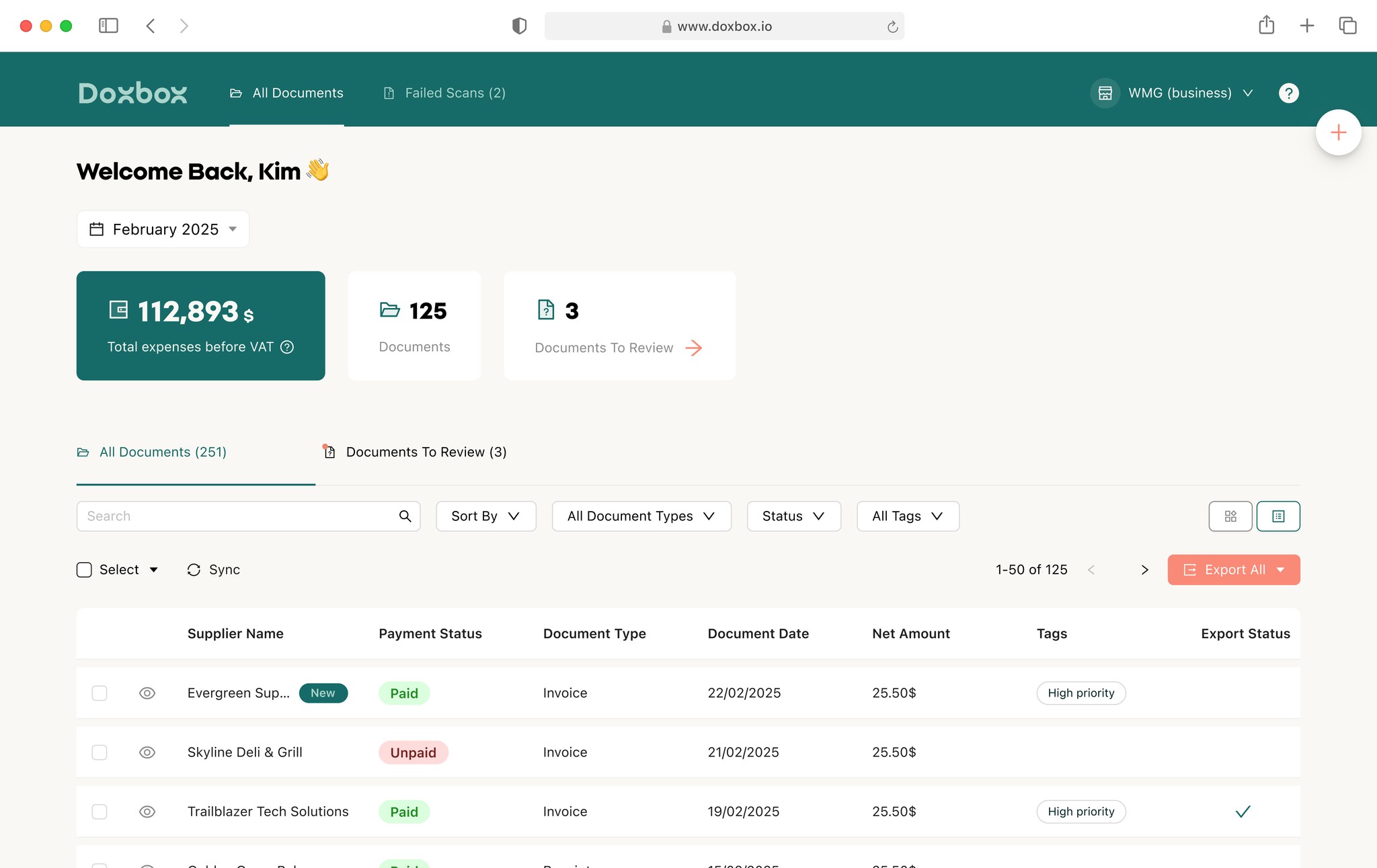 The DoxBox dashboard: invoices and receipts collected, organized and totalled automatically